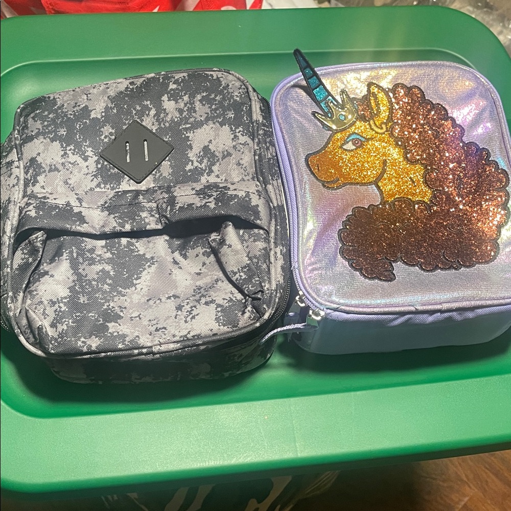 Unicorn Glitter Lunch Bag and Camouflage Backpack Set